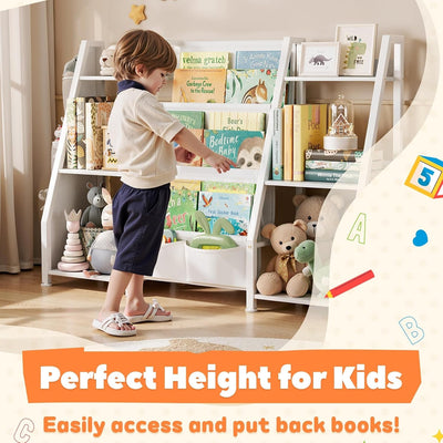 Kids Bookshelf Large Storage Bookcase: 3-Tier Book Sling Shelf Toy Organizer for Toddler - Display Rack with 3 Pockets for Kids Rooms, Bedroom, Playroom, Nursery (White, Wood + Metal)-2