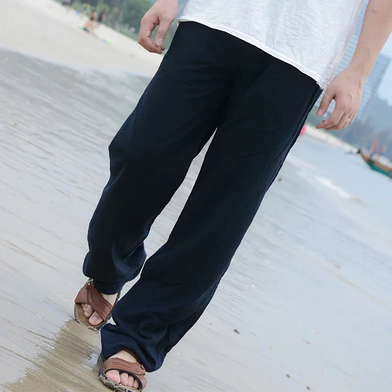 Men's Cotton Linen Pants Loose Cool Casual Long Pants Elastic Waist Long Pant Casual Large Size Streetwear Lightweight Trousers