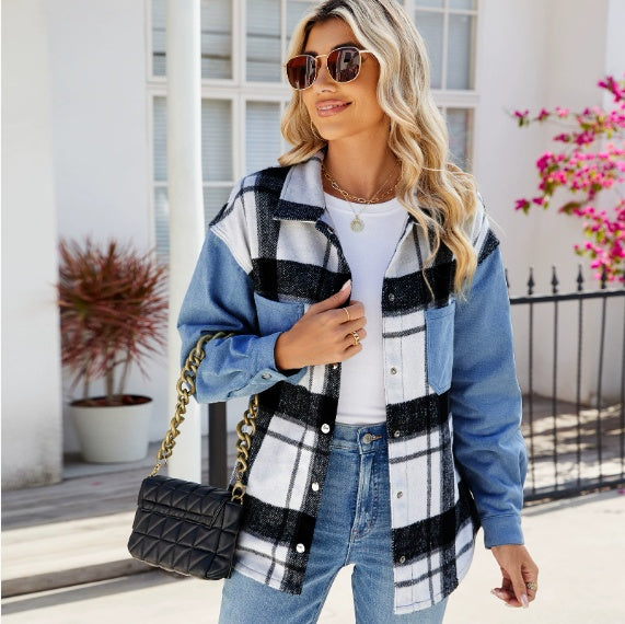 Washed Black And White Checkered Casual Denim Long