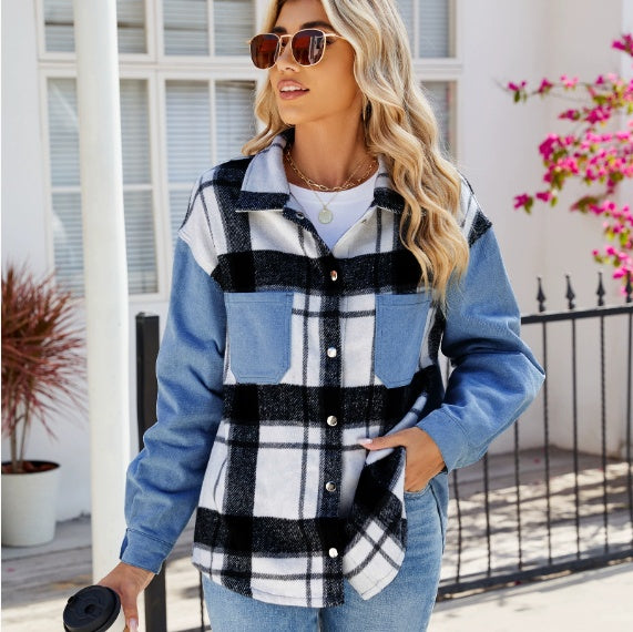 Washed Black And White Checkered Casual Denim Long