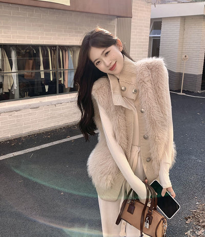 Women's Stand Collar Mink Sleeveless Sweater Coat