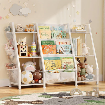 Kids Bookshelf Large Storage Bookcase: 3-Tier Book Sling Shelf Toy Organizer for Toddler - Display Rack with 3 Pockets for Kids Rooms, Bedroom, Playroom, Nursery (White, Wood + Metal)-0