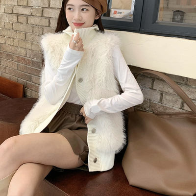 Women's Stand Collar Mink Sleeveless Sweater Coat