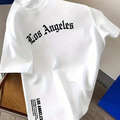 Men's Summer 100% Cotton Fashion Los Angeles Letter Printed Loose Large Casual Comfortable Round Neck Short Sleeve T-shirt Top