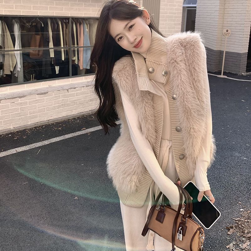 Women's Stand Collar Mink Sleeveless Sweater Coat