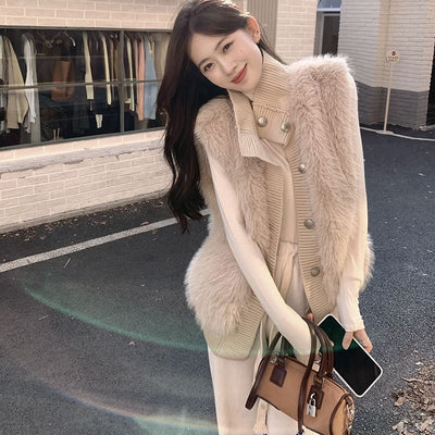 Women's Stand Collar Mink Sleeveless Sweater Coat