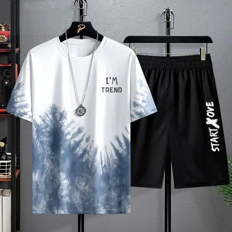 Suits for men 2025 Summer Fashion Polyester Thin Casual Breathable Short Sleeve Printed Sports T-shirt + Shorts Basketball Set