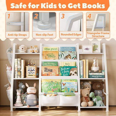 Kids Bookshelf Large Storage Bookcase: 3-Tier Book Sling Shelf Toy Organizer for Toddler - Display Rack with 3 Pockets for Kids Rooms, Bedroom, Playroom, Nursery (White, Wood + Metal)-4