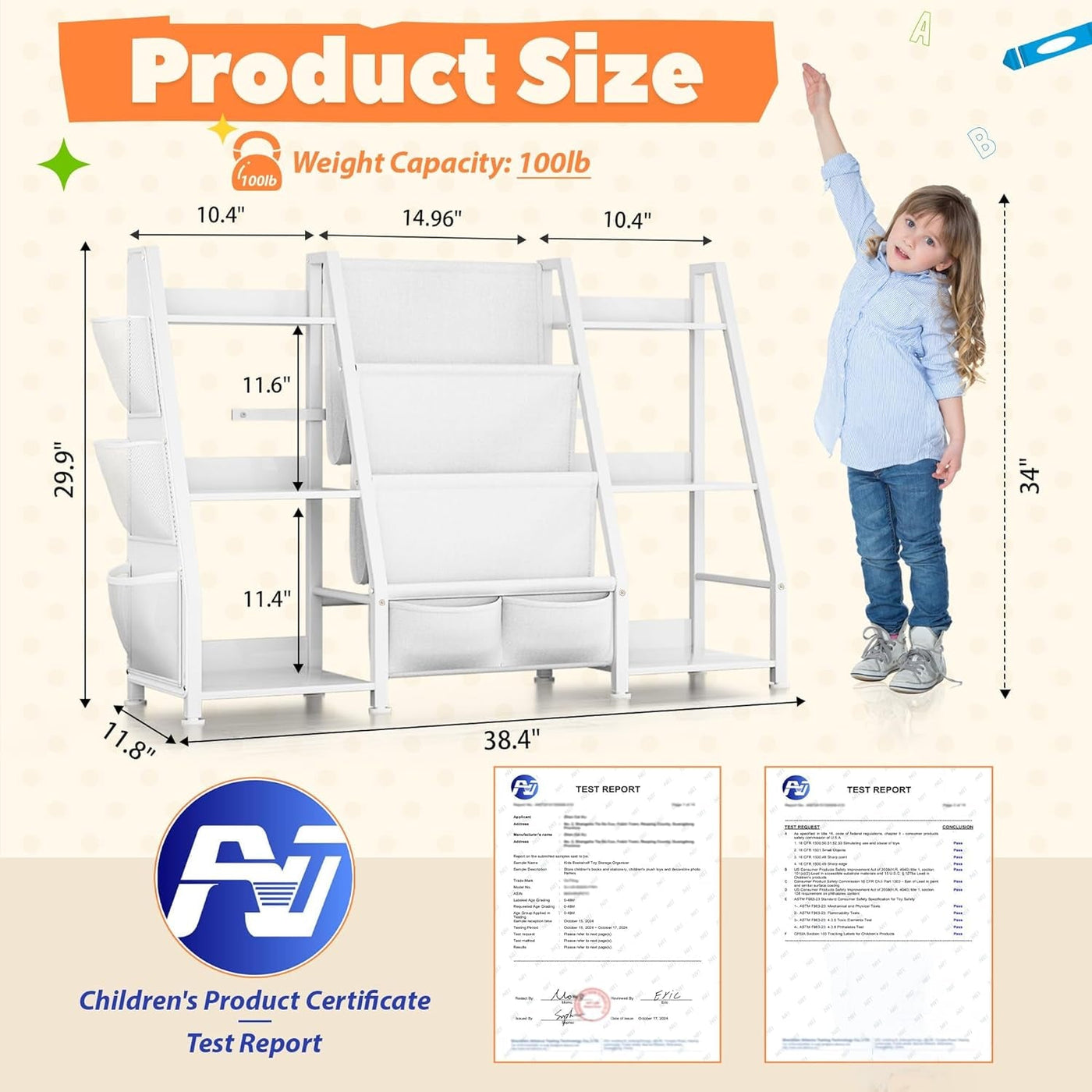 Kids Bookshelf Large Storage Bookcase: 3-Tier Book Sling Shelf Toy Organizer for Toddler - Display Rack with 3 Pockets for Kids Rooms, Bedroom, Playroom, Nursery (White, Wood + Metal)-1