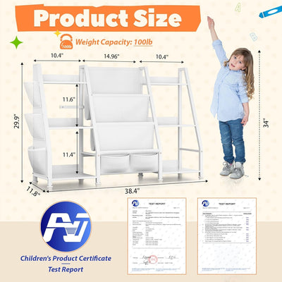 Kids Bookshelf Large Storage Bookcase: 3-Tier Book Sling Shelf Toy Organizer for Toddler - Display Rack with 3 Pockets for Kids Rooms, Bedroom, Playroom, Nursery (White, Wood + Metal)-1