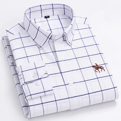 2024 100% Cotton Oxford Man Leisure Embroidered Horse Shirts Streetwear Oversized Men Shirt Floral Long Sleeve Casual Plus Size