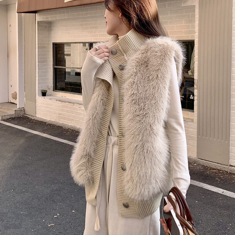 Women's Stand Collar Mink Sleeveless Sweater Coat
