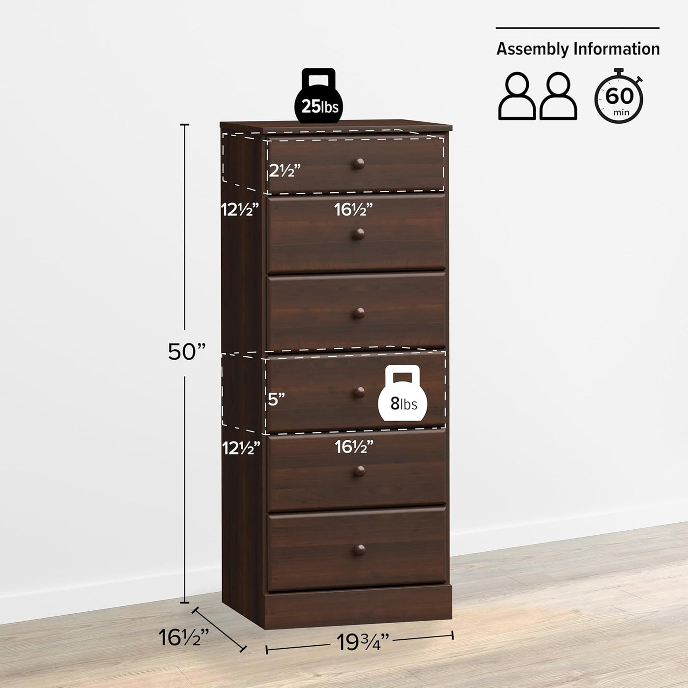 Astrid Tall Brown Dresser: 16.5"D X 19.75"W X 50"H, 6-Drawer Chest for Bedroom by  - Perfect Chest of Drawers for Ample Storage-2